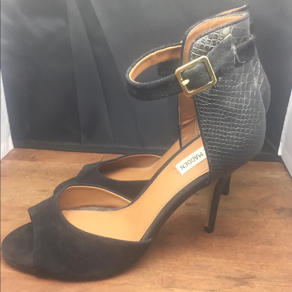 Black shade heels, ankle buckle, open toe